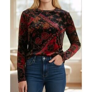 Velvet Sparkly Gold Floral Paisley Long Sleeve Top Whimsigoth | M 8-10 Y2K EUC